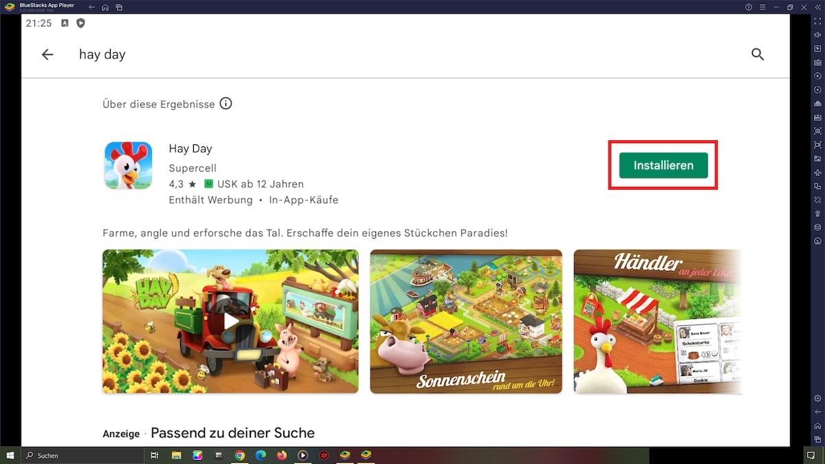 After setting up the BlueStacks Google Play Store, you can search for and install Hay Day on your PC as usual.