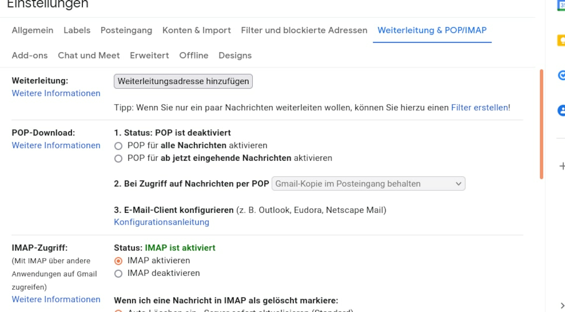 Gmail: Server settings for IMAP, SMTP and POP3 at a glance