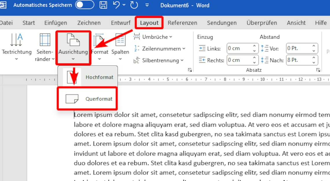 Set landscape format in Word