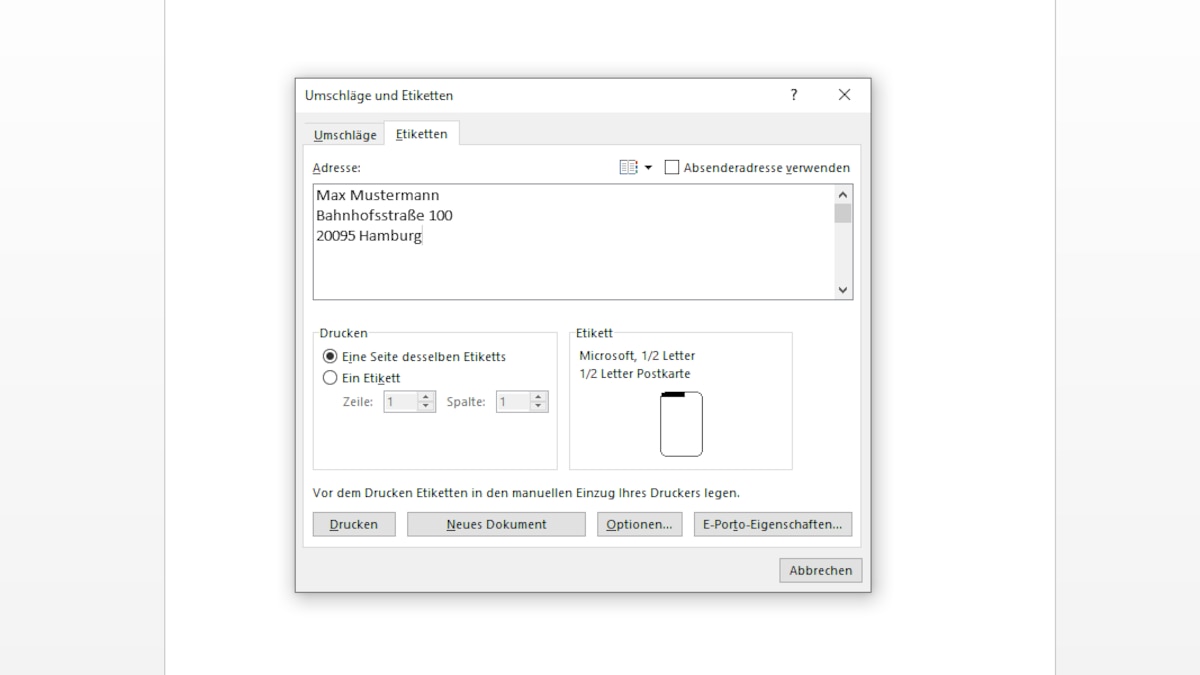 Step 2: Type the address for labels in Word