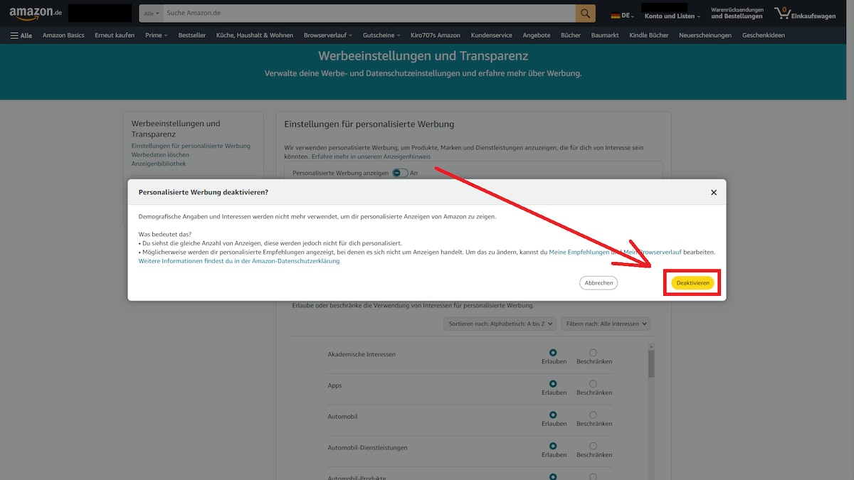 Finally, you only have to confirm the deactivation to turn off personalized advertising from Amazon.