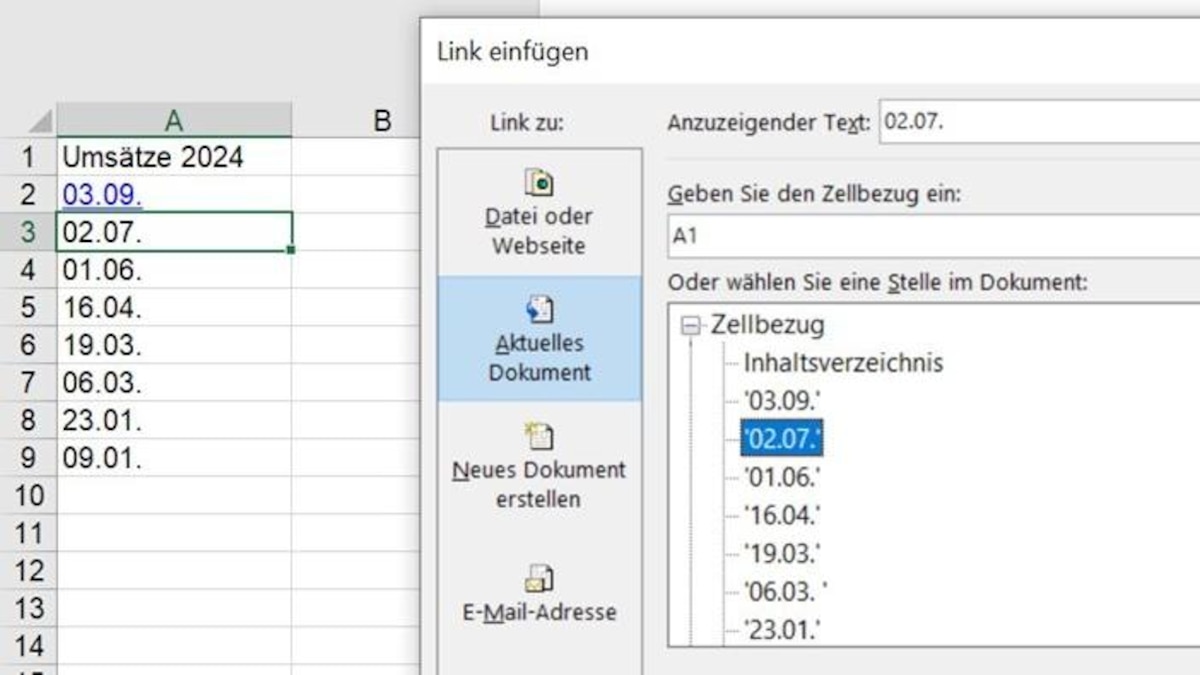 Create a table of contents for worksheets in an Excel workbook - link assignment is done via a dialog box (Figure 2)