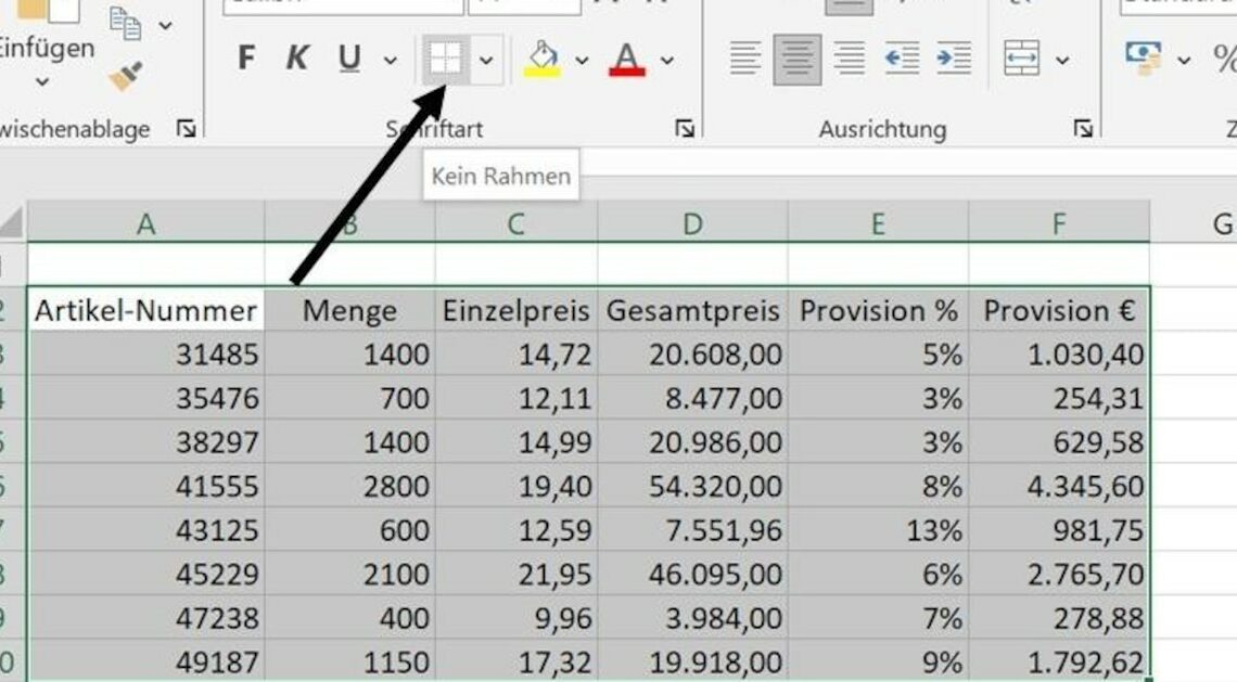 Excel: Draw a frame around a table