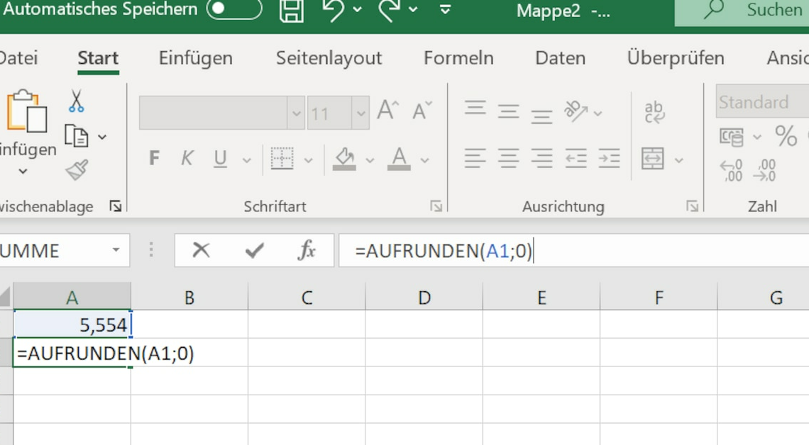 Excel: Round up to whole numbers