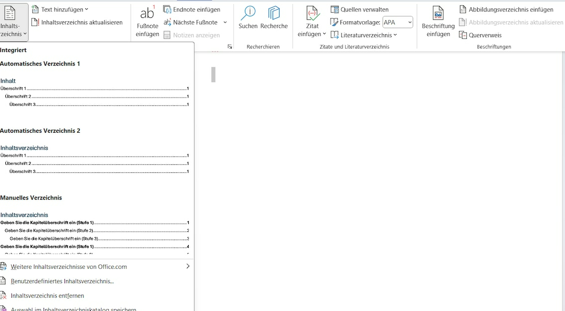 Insert table of contents in Word