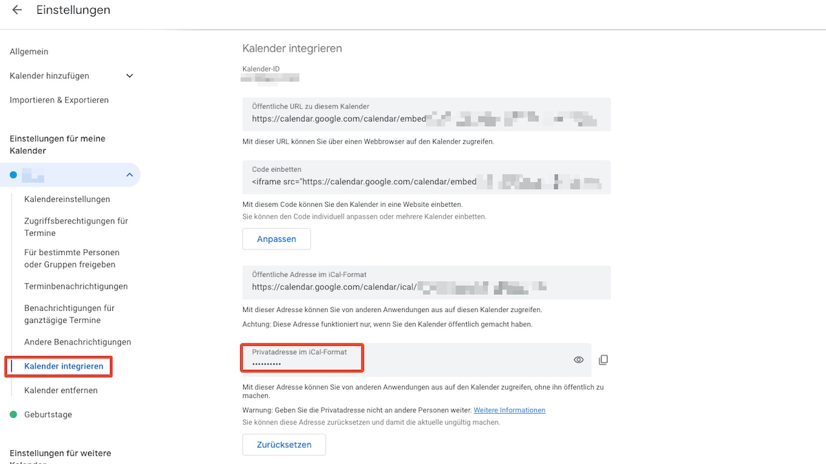 In order to automatically synchronize Google Calendar appointments with Outlook, you need the calendar address in iCal format. You can find this in the Google Calendar settings 